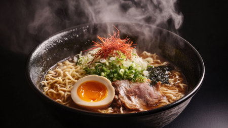 A top-down view of a steaming bowl of ramen with rich broth and garnished toppings, with steam rising from the bowl, capturing the delicious and comforting meal.の素材