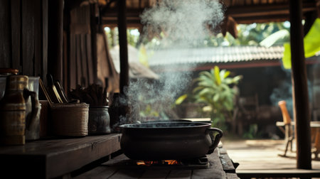 Smoke curling upwards from a traditional Thai kitchen stove, with the rustic surroundings of a countryside home in the background.の素材