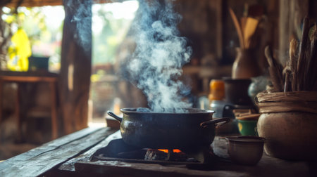 Smoke curling upwards from a traditional Thai kitchen stove, with the rustic surroundings of a countryside home in the backgroundの素材