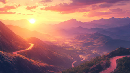 A sunset view of a mountain road with the sun casting a warm glow over the landscape, highlighting the winding path and the surrounding mountain scenery.の素材