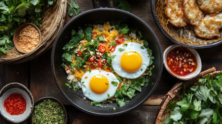A top-down view of a breakfast spread featuring with the eggs in a small pan, accompanied by Thai-style dipping sauces and fresh herbs, creating a colorful and inviting meal.の素材