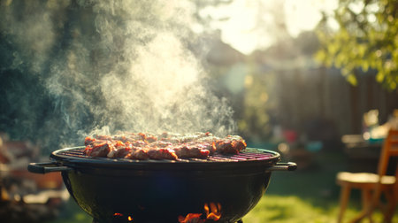 Smoke rising from a barbecue grill filled with sizzling meat, with the smoky aroma wafting through a sunny backyard during a family gathering.の素材