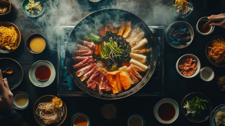 A top-down view of a shabu-shabu hot pot with a selection of colorful ingredients cooking in the broth, surrounded by dipping sauces and small bowls of condiments.の素材
