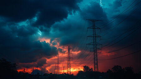 Power lines silhouetted against a stormy sky, with dark clouds and a hint of lightning in the distance, creating a dramatic and tense atmosphere.の素材
