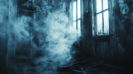 Smoke seeping through the cracks of an old, abandoned house, creating an eerie, haunted atmosphere, perfect for a horror or mystery theme.の素材