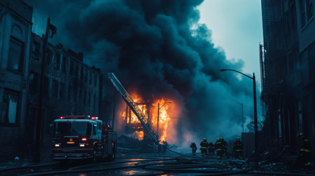 Dense smoke pouring out of a burning building, with firefighters working tirelessly to extinguish the flames and save lives.の素材