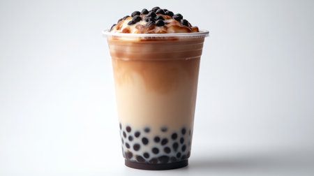 A clear plastic cup of bubble tea with creamy milk tea and black tapioca pearls at the bottom, set against a clean white background, showcasing its delicious layers.の素材