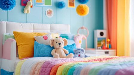 A child bed with colorful sheets, stuffed animals, and a playful headboard, in a brightly decorated, fun-filled bedroom.の素材