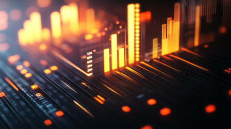 A close-up of a 3D bar graph with illuminated bars and shadows, illustrating performance metrics with clear labels and a high-tech visual appeal.の素材