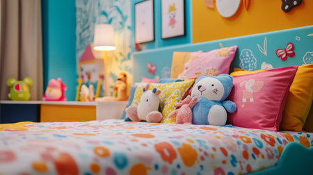 A child bed with colorful sheets, stuffed animals, and a playful headboard, in a brightly decorated, fun-filled bedroom.の素材