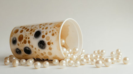 A close-up of a bubble tea cup lying on its side, with pearls and tea spilling out slightly, all set against a clean white background.の素材