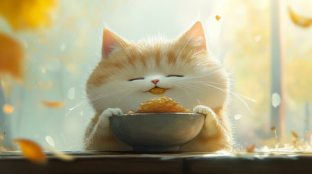 A close-up of a chubby cat eagerly eating from its bowl, with its round cheeks and fluffy fur clearly visible as it enjoys its meal.の素材