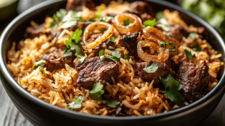A close-up of a bowl of aromatic biryani rice with chunks of tender meat, topped with fried onions and garnished with fresh herbs.の素材