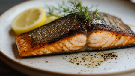 A close-up of a perfectly grilled salmon fillet with crispy skin and a succulent interior, garnished with lemon and herbs on a clean plate.の素材