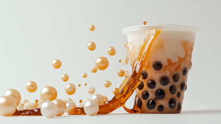 A close-up of a bubble tea cup lying on its side, with pearls and tea spilling out slightly, all set against a clean white background.の素材