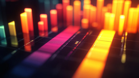A close-up of a 3D bar graph with illuminated bars and shadows, illustrating performance metrics with clear labels and a high-tech visual appeal.の素材