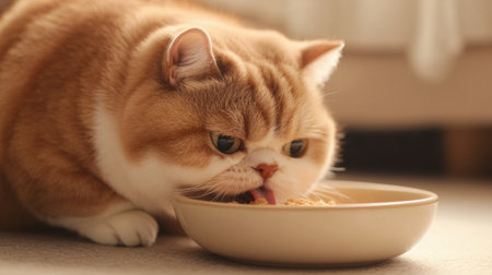 A close-up of a chubby cat eating from a food bowl, with its fluffy cheeks and round belly prominently displayed as it enjoys its meal.の素材