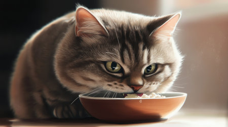 A close-up of a chubby cat eagerly eating from its bowl, with its round cheeks and fluffy fur clearly visible as it enjoys its meal.の素材