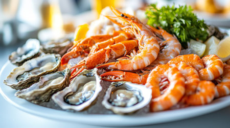 A close-up of a beautifully arranged seafood platter with shrimp, oysters, and crab, showcasing their vibrant colors and textures on a white plate.の素材