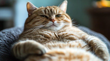 A close-up of a chubby cat with a playful expression, lying on its back and showing its rounded belly and relaxed posture.の素材