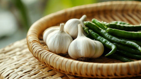 A close-up of a handful of whole garlic bulbs and fresh green chilies, placed on a woven bamboo tray, emphasizing their organic origins.の素材