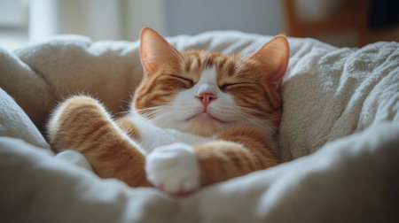 A close-up of a chubby cat napping in a cozy bed, with its paws stretched out and a contented look on its face, surrounded by soft bedding.の素材