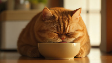 A close-up of a chubby cat eating from a food bowl, with its fluffy cheeks and round belly prominently displayed as it enjoys its meal.の素材