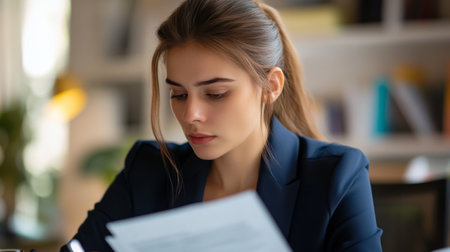 A close-up of a businesswoman in a navy blue blazer, looking at documents with a focused expression, surrounded by office tools and a professional workspace.の素材