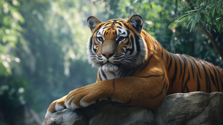 A close-up of a majestic tiger lounging in its enclosure, with emphasis on its powerful build and striking orange coat against a natural backdrop.の素材