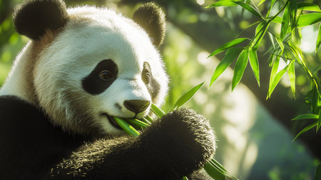 A close-up of a giant panda eating bamboo, with a focus on its black and white fur and the lush greenery of its zoo habitat.の素材