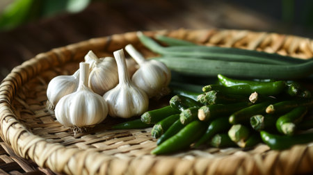 A close-up of a handful of whole garlic bulbs and fresh green chilies, placed on a woven bamboo tray, emphasizing their organic origins.の素材