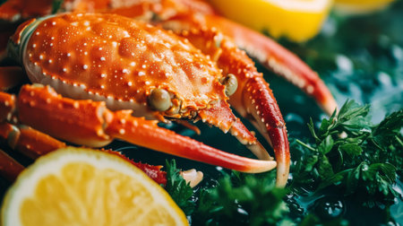 A close-up of a crab leg with a focus on the tender, juicy meat and the bright orange shell, set against a background of fresh herbs and lemon slices.の素材