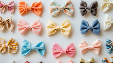 A close-up of a collection of cute, colorful hair clips arranged neatly on a white background, showcasing various designs like bows and flowers.の素材