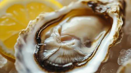A close-up of a freshly shucked oyster with a glistening, briny interior and a slice of lemon, highlighting its delicate texture and flavor.の素材