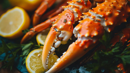 A close-up of a crab leg with a focus on the tender, juicy meat and the bright orange shell, set against a background of fresh herbs and lemon slices.の素材