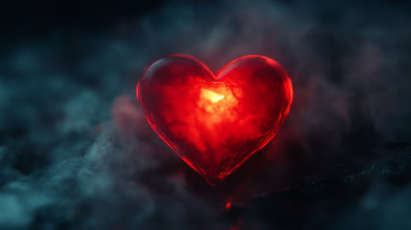 A close-up of a glowing red heart shape floating in a dark, misty background, symbolizing love and passion in a mysterious setting.の素材