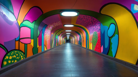 A close-up of a pedestrian tunnel with colorful murals or artwork on the walls, capturing the vibrant and creative design elements of the tunnel interior.の素材
