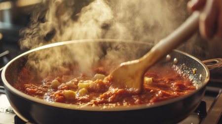 A close-up of a person stirring a pot of homemade sauce on the stove, with steam rising and a focus on the rich, textured sauce.の素材
