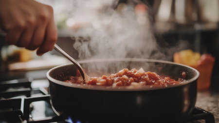 A close-up of a person stirring a pot of homemade sauce on the stove, with steam rising and a focus on the rich, textured sauce.の素材