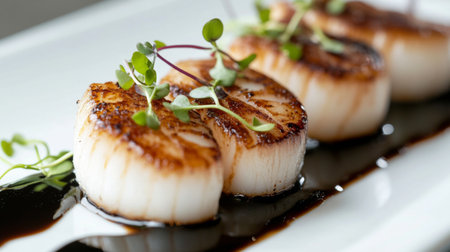 A close-up of a perfectly seared scallop, garnished with microgreens and a drizzle of balsamic reduction, served on a sleek white plate.の素材