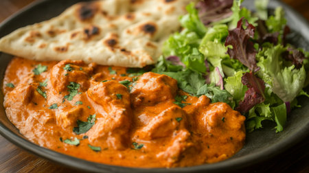 A close-up of a plate of flavorful butter chicken with a rich, tomato-based gravy, paired with garlic naan bread and fresh salad.の素材