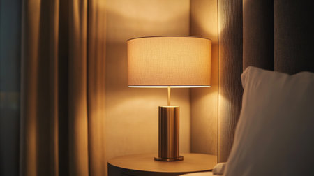 A close-up of a modern, minimalistic bedside lamp with a streamlined, cylindrical base and a soft, fabric shade, creating a serene atmosphere in a stylish bedroom.の素材