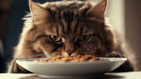 A close-up of a fat cat with a bowl of food in front of it, showing its eager eyes and chubby cheeks as it eats contentedly.の素材