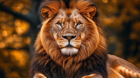 A close-up of a lion resting in its enclosure, with a focus on its majestic mane and calm expression against a natural habitat backdrop.の素材