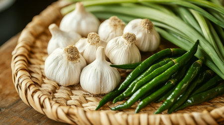 A close-up of a handful of whole garlic bulbs and fresh green chilies, placed on a woven bamboo tray, emphasizing their organic origins.の素材
