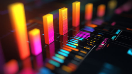 A close-up of a 3D bar graph with colorful bars rising against a dark background, showcasing detailed data visualization with clear axis labels.の素材