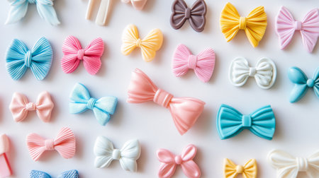 A close-up of a collection of cute, colorful hair clips arranged neatly on a white background, showcasing various designs like bows and flowers.の素材