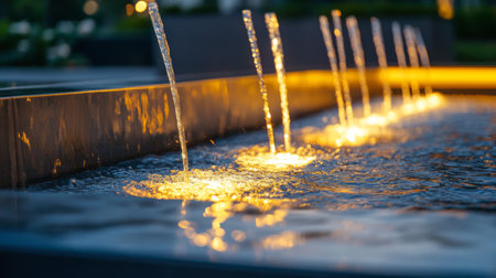 A close-up of a contemporary fountain with LED lights illuminating the water jets, creating a vibrant and modern visual effect at night.の素材