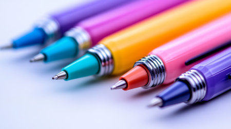 A close-up of a set of vibrant colored pens arranged neatly on a white background, showcasing their bright hues and sleek designs.の素材
