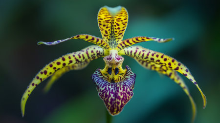 A close-up of a single, exotic orchid with intricate patterns and bold colors, highlighting the delicate petals and unique textures.の素材